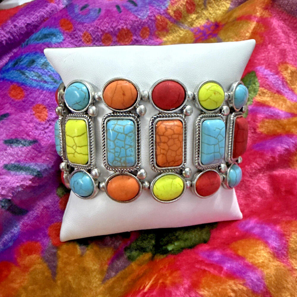 NWT Western Boho Cowgirl Multi Turquoise Gemstone Wide Bracelet